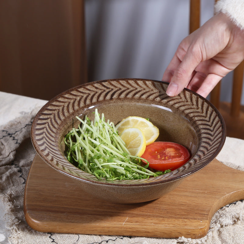 Rattan textured wide rim salad bowl from Qingfa ceramics