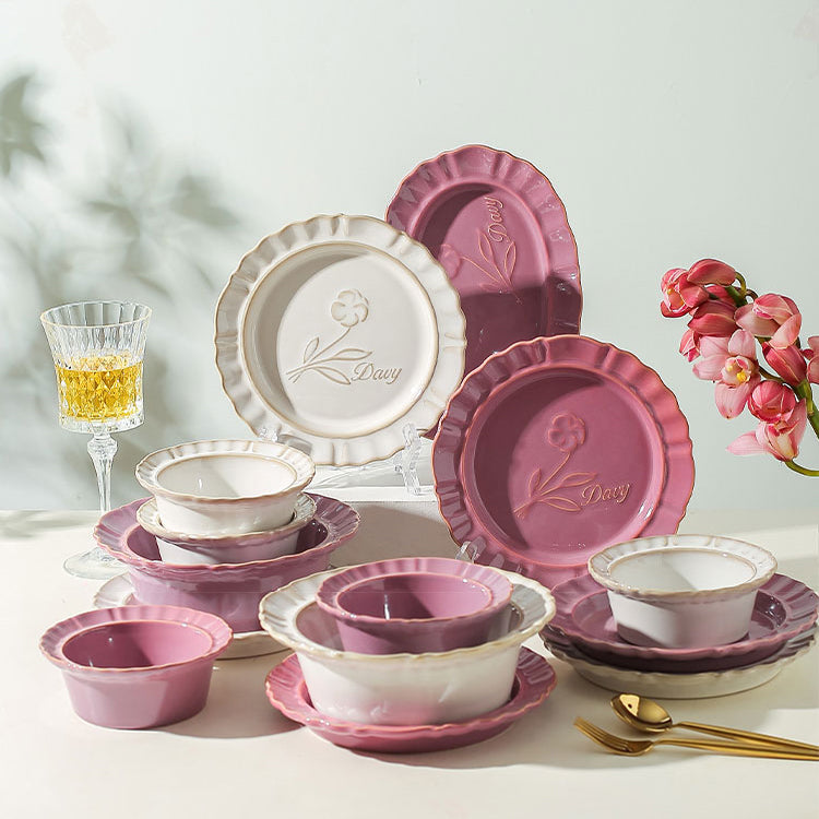 Engraved petal-edged ceramic dinnerware set from qingfa ceramics