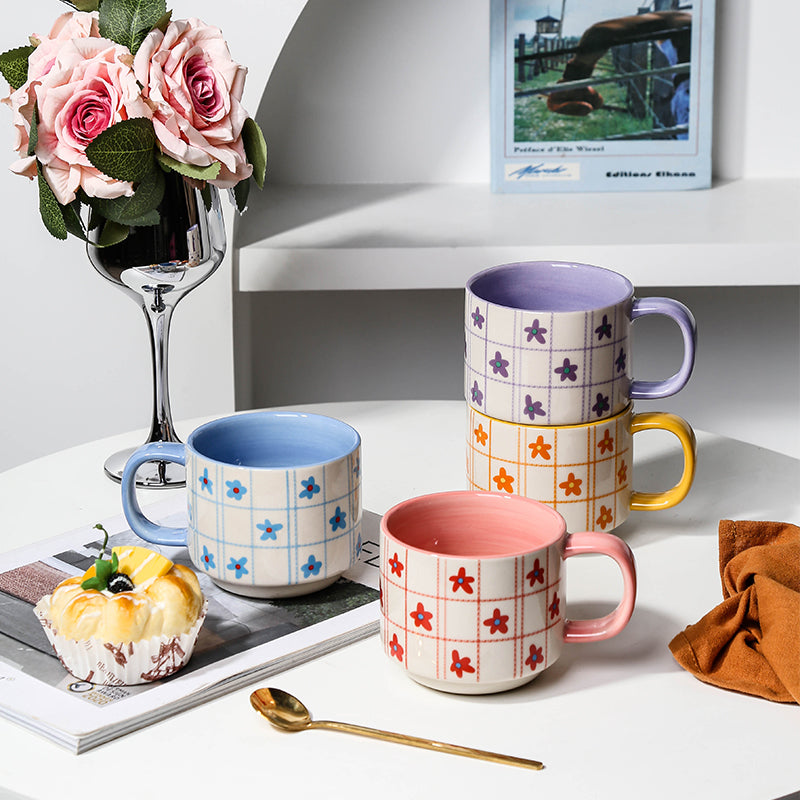 Hand-painted wildflower plaid coffee cup