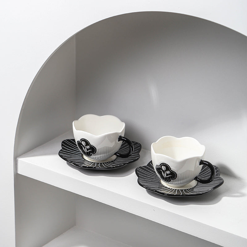 Black and white tulip petal rim cup and saucer set