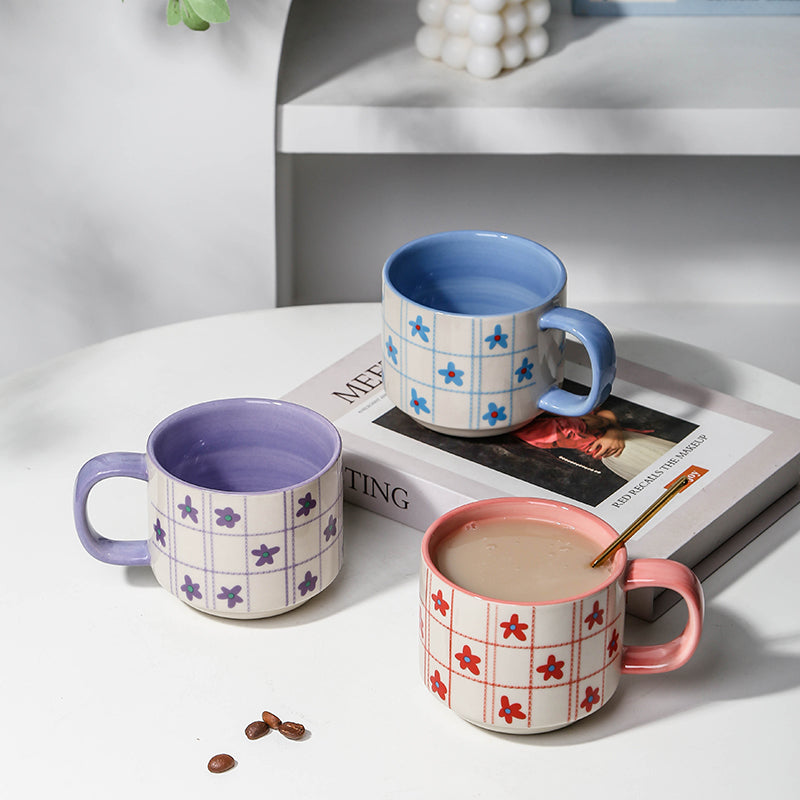 Hand-painted wildflower plaid coffee cup