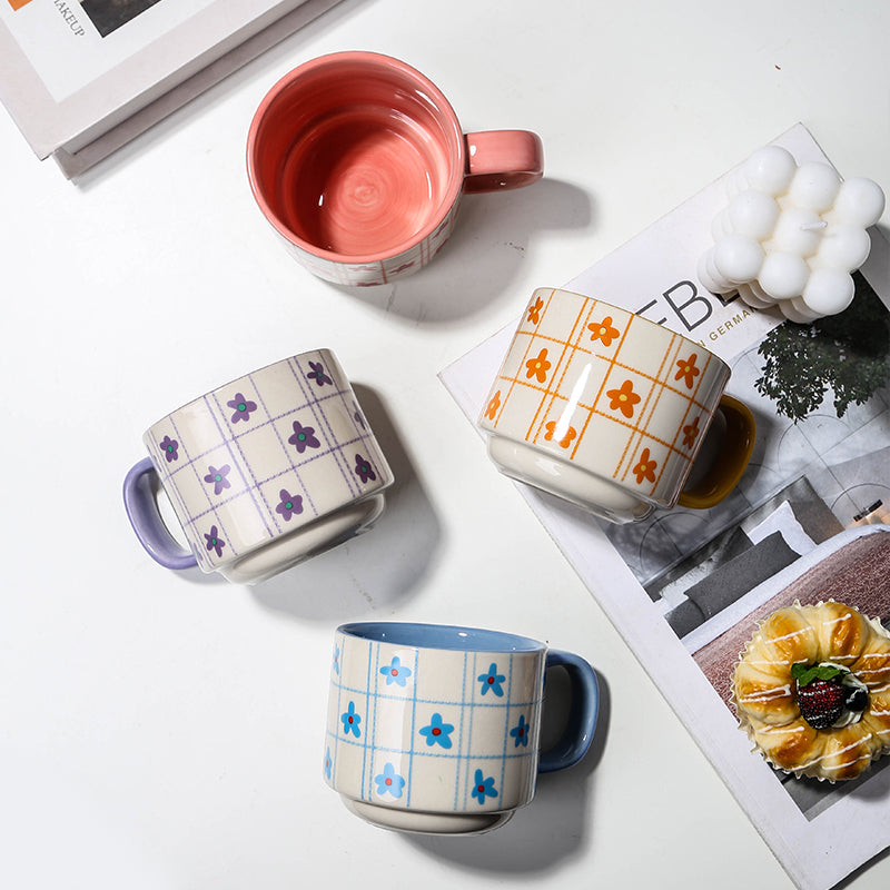 Hand-painted wildflower plaid coffee cup