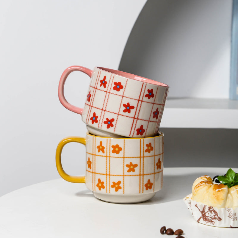 Hand-painted wildflower plaid coffee cup