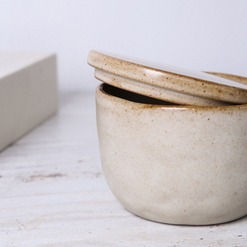 Ink dot stoneware candle jar with lid