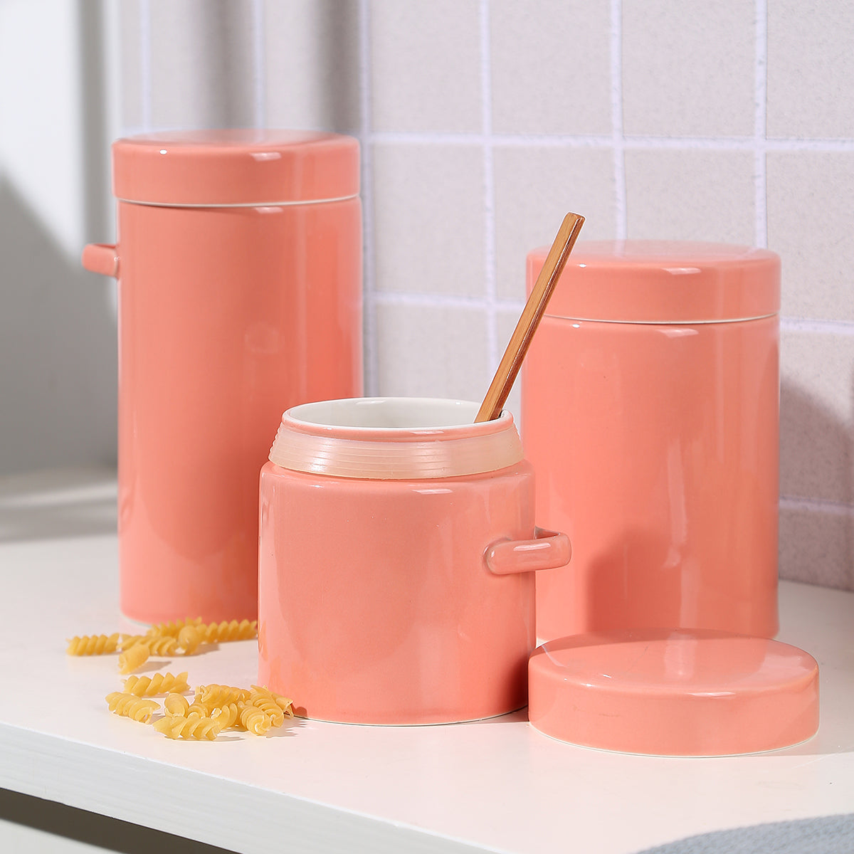 Pink storage jars in various specifications