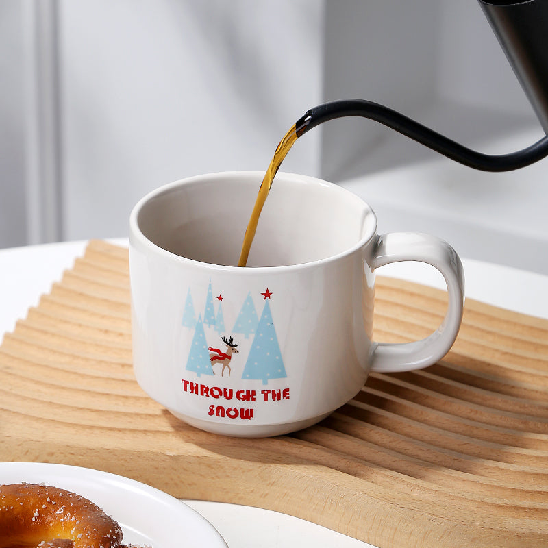 Winter skiing themed cartoon coffee cup